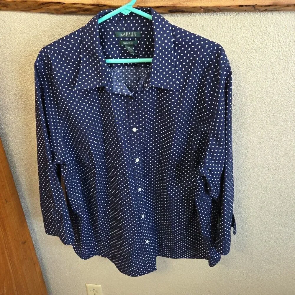Lauren Ralph Lauren Navy Polka Dot Button 3/4 Sleeve Shirt No Iron 3X Plus Size - Picture 1 of 8
